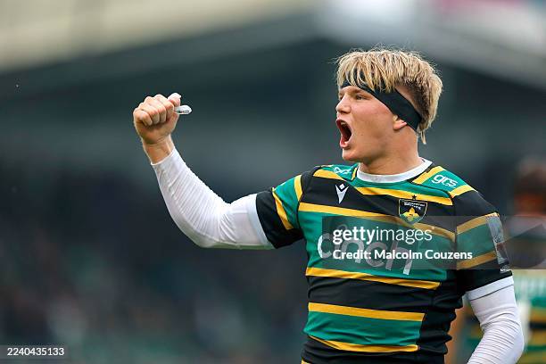 Henry Pollock of Northampton Saints celebrates following the Gallagher PREM match between Northampton Saints and Leicester Tigers at cinch Stadium at...