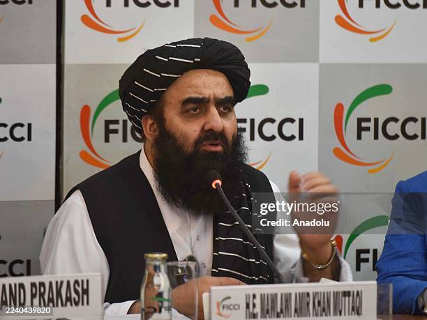 Interim Afghan Foreign Minister Mawlawi Amir Khan Muttaqi speaks during the Industry Interaction with Member of Federation of Indian Chambers of...