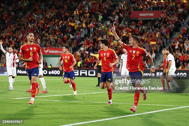 Yeremy Pino of Spain celebrates scoring his team's first goal during the FIFA World Cup 2026 qualifier match between Spain and Georgia at Estadio...