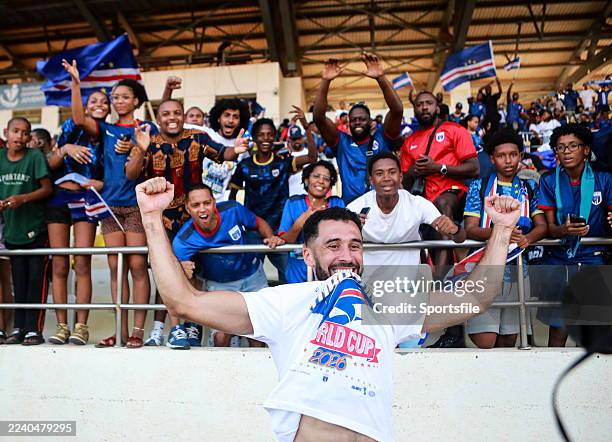 Praia , Cape Verde - 13 October 2025; Roberto Lopes of Cape Verde celebrates his side's qualification for the 2026 FIFA World Cup with supporters...