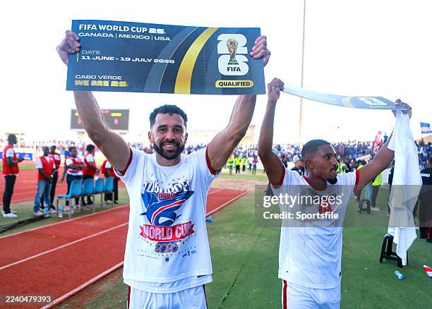 Praia , Cape Verde - 13 October 2025; Roberto Lopes, left, and Deroy Duarte of Cape Verde celebrate their side's qualification for the 2026 FIFA...