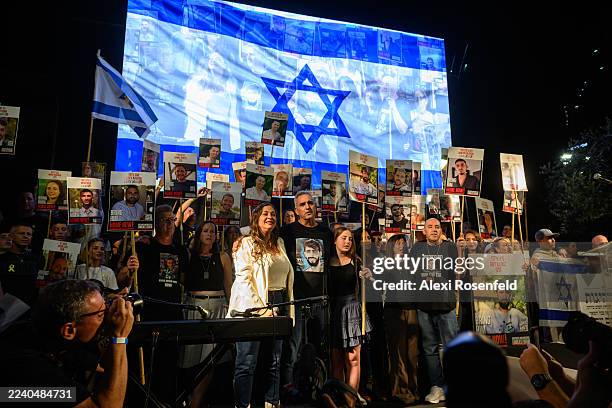 Speaks at the weekly 'Bring Them Home' rally in Hostage Square Hostages Square on October 11, 2025 in Tel Aviv, Israel. This week's ceasefire deal...