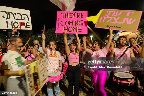 Protestors cheer in excitement of the hostages coming home at the end of weekly 'Bring Them Home' rally in Hostage Square Hostages Square on October...