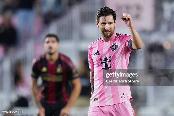 Lionel Messi of Inter Miami CF celebrates after scoring the team's first goal during the MLS Inter Miami CF and Atlanta United at Chase Stadium on...