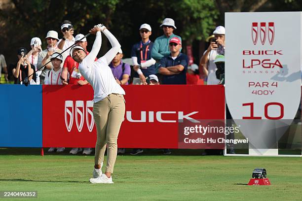 Patty Tavatanakit of Thailand hits a tee shot on the 10th hole during the final round of the Buick LPGA Shanghai 2025 at Shanghai Qizhong Garden Golf...
