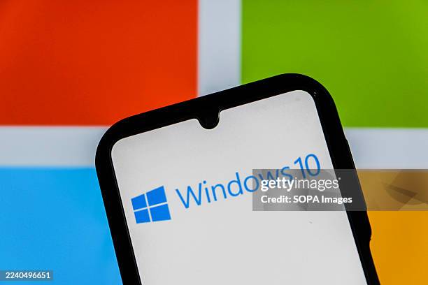 In this photo illustration, a Microsoft Windows 10 logo is displayed on a smartphone.