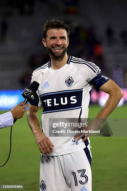 Thomas Müller of the Vancouver Whitecaps is interviewed after the match between Orlando City and Vancouver Whitecaps at Inter&Co Stadium on October...