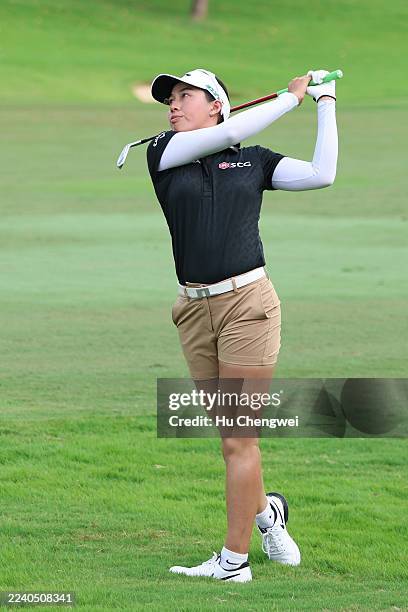 Jeeno Thitikul of Thailand plays her shot on the 1st hole during the final round of the Buick LPGA Shanghai 2025 at Shanghai Qizhong Garden Golf Club...