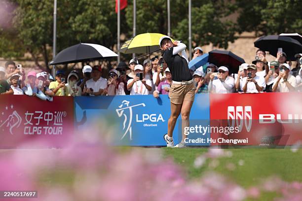 Jeeno Thitikul of Thailand hits a tee shot on the 10th hole during the final round of the Buick LPGA Shanghai 2025 at Shanghai Qizhong Garden Golf...