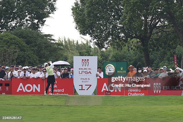 Minami Katsu of Japan hits a tee shot on the 17th hole during the final round of the Buick LPGA Shanghai 2025 at Shanghai Qizhong Garden Golf Club on...