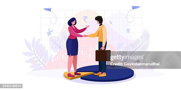 shareholder partnership and stakeholder collaboration, merger and acquisition agreement, businessman handshake on pie chart symbolizing profit sharing, market share and joint business growth - stakeholder stock illustrations