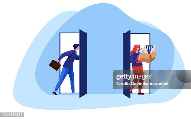 staff turnover and job rotation in human resources, recruitment and replacement process, businessman new hire entering workplace while resigned employee leaves for new career opportunity - leaving stock illustrations