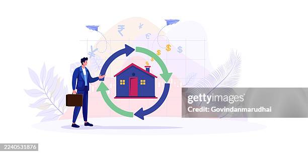 reverse mortgage and home equity concept – businessman with house producing dollar signs, homeowner receiving regular payments, property loan, real estate investment, and banking income idea - house rental stock illustrations