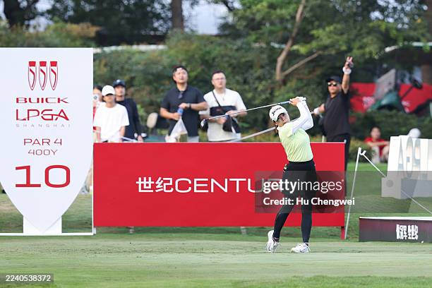 Minami Katsu of Japan hits a tee shot on the 10th hole during the final round of the Buick LPGA Shanghai 2025 at Shanghai Qizhong Garden Golf Club on...