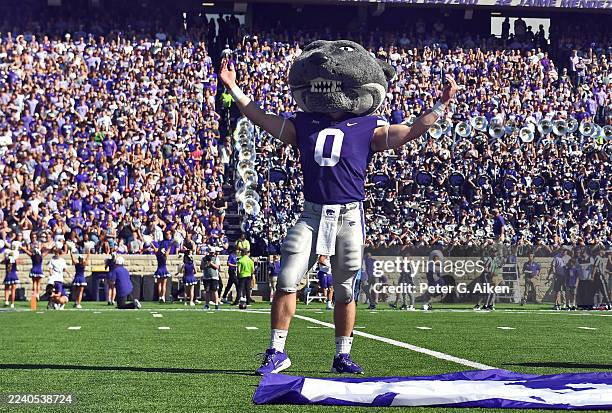 Kansas State Wildcats mascot Willy Wildcat performs before the game against the TCU Horned Frogs at Bill Snyder Family Football Stadium on October...