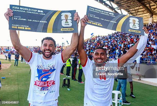 Praia , Cape Verde - 13 October 2025; Roberto Lopes, left, and Deroy Duarte of Cape Verde celebrate their side's qualification for the 2026 FIFA...