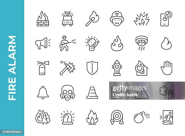 feueralarm-symbolsatz. editierbare hubstärke. pixelperfekte symbole. - feuerwehrhelm stock-grafiken, -clipart, -cartoons und -symbole