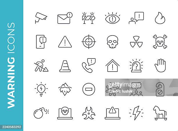 warning & danger icon set. editable stroke weight. pixel perfect icons. - nuclear explosion icon stock illustrations
