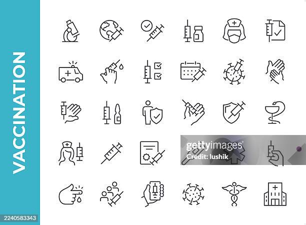 vaccination icon set. editable stroke weight. pixel perfect icons. - dose stock illustrations