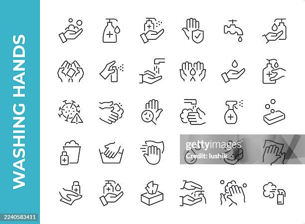 händewaschen icon set. bearbeitbare strichstärke. pixel perfekte symbole. - hand hygiene icons stock-grafiken, -clipart, -cartoons und -symbole
