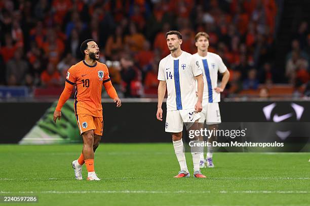Memphis Depay of Netherlands celebrates after scoring the team's third goal from the penalty spot during the FIFA World Cup 2026 qualifier match...