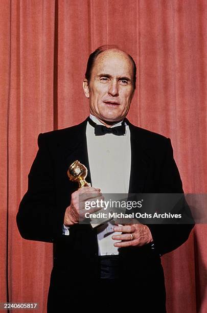 American actor Robert Duvall, wearing a tuxedo and bow tie, in the 41st Golden Globe Awards press room at the Beverly Hilton Hotel in Beverly Hills,...
