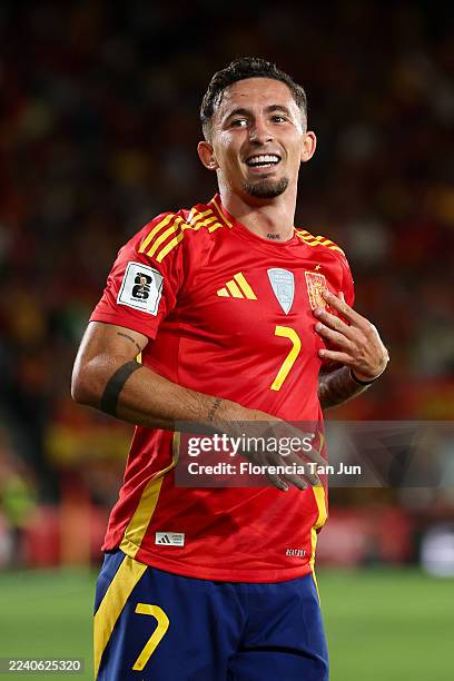 Yeremy Pino of Spain celebrates scoring his team's first goal during the FIFA World Cup 2026 qualifier match between Spain and Georgia at Estadio...