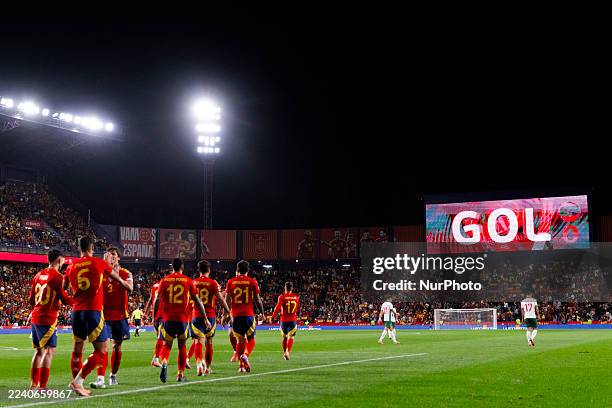In Valladolid, Spain, on October 14, several players of Spain celebrate a goal during the FIFA World Cup 2026 qualifier match between Spain and...