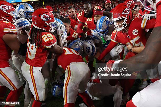 The Kansas City Chiefs and the Detroit Lions fight after the game at Arrowhead Stadium on October 12, 2025 in Kansas City, Missouri.