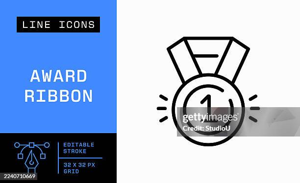 award medal single line icon - gold medal white background stock illustrations