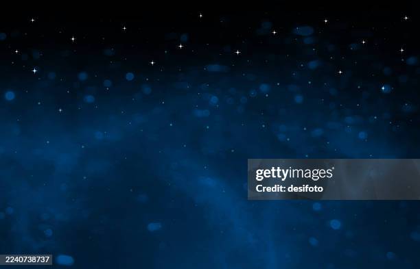 dark navy blue color gradient dotted defocused blurred spotted textured effect wall horizontal vector background, wallpaper with silver dots as stars in space or snow like glitter dust bubbles all over the background as starry midnight sky - blue star pattern stock illustrations
