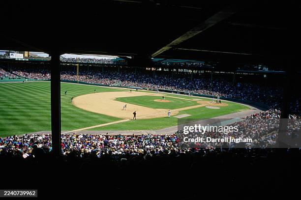 General view of Fenway Park and the baseball diamond with the Boston Red Sox batting against the Chicago White Sox during their Major League Baseball...