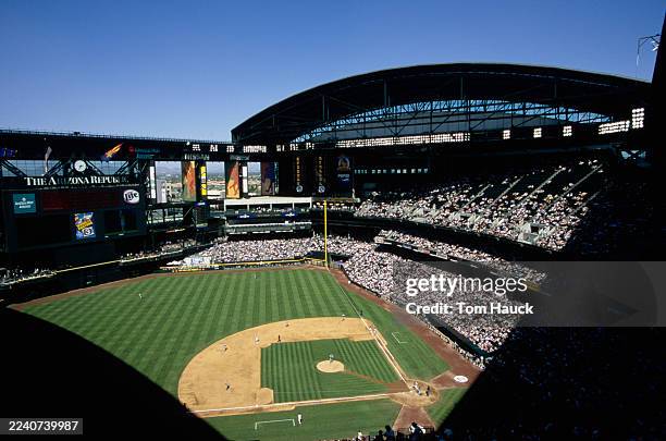 General view of Bank One Ballpark and the baseball diamond with the Arizona Diamondbacks batting against the Pittsburgh Pirates during their Major...