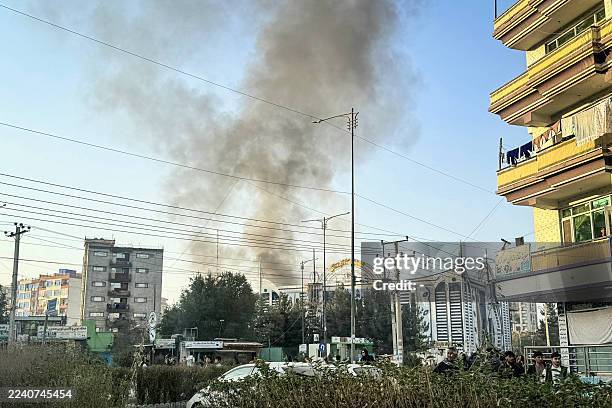 Smoke rises up from the site of explosions in Kabul on October 15 amid heavy border clashes between Afghanistan and Pakistan. The Taliban government...