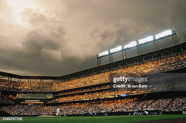 General view of Coors Field and the baseball diamond with the Chicago Cubs batting against the Colorado Rockies during their Major League Baseball...