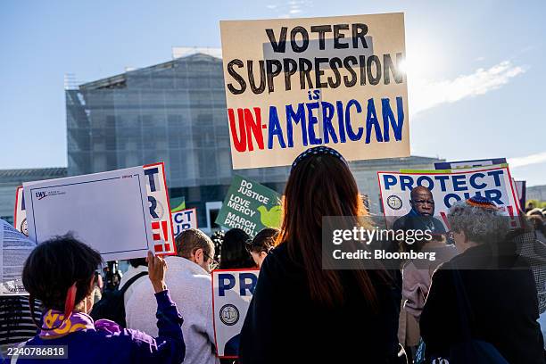 Demonstrators outside the US Supreme Court in Washington, DC, US, on Wednesday, Oct. 15, 2025. The US Supreme Court's conservatives suggested they...