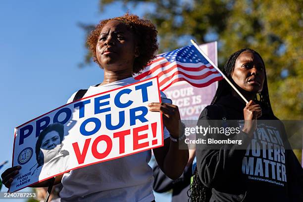 Demonstrators outside the US Supreme Court in Washington, DC, US, on Wednesday, Oct. 15, 2025. The US Supreme Court's conservatives suggested they...