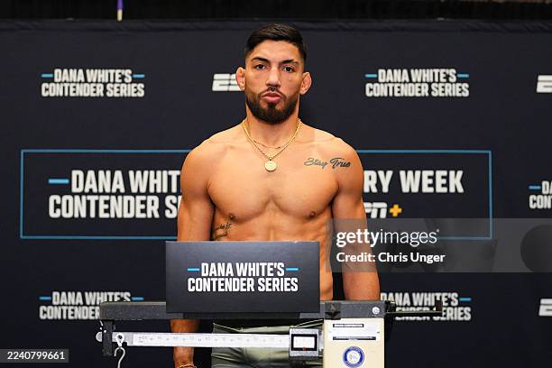 Victor Valenzuela poses on the scale during Dana White's Contender Series season nine, week ten weigh-in at Palace Station Hotel & Casino on October...