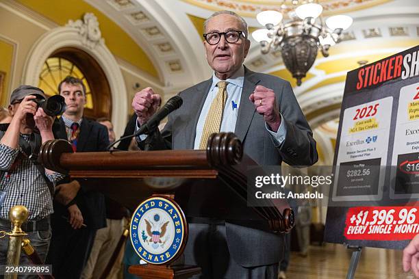 Senate Minority Leader Chuck Schumer speaks at a press conference with other members of Senate Democratic leadership following a policy luncheon at...