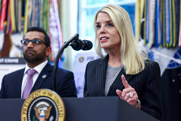 Pam Bondi, US attorney general, right, and Kash Patel, director of the Federal Bureau of Investigation , during a news conference in the Oval Office...