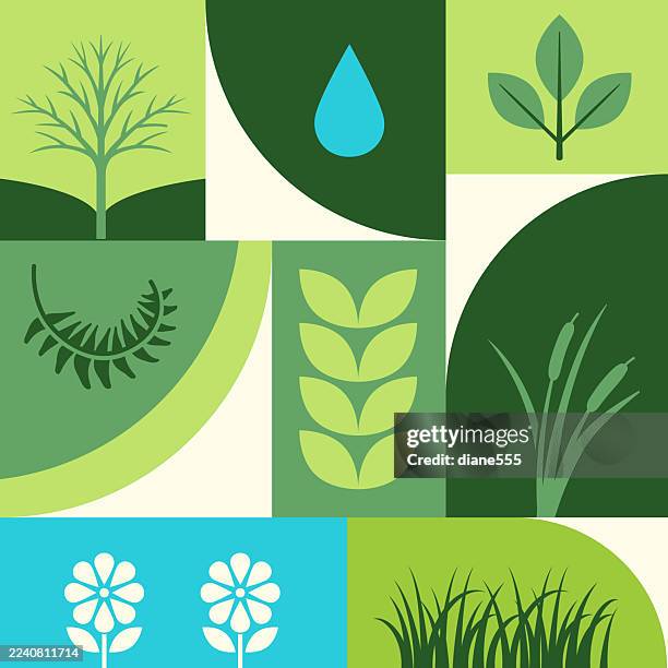 environment themed geometric mosaic of eco icons aand elements - marsh grass stock illustrations