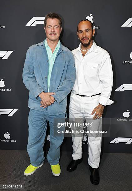 Brad Pitt and Lewis Hamilton attend an Apple Films Special Screening of "F1" at the Academy Museum of Motion Pictures on October 12, 2025 in Los...