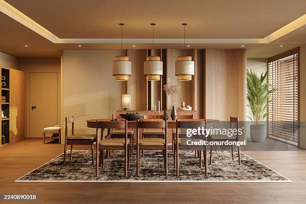 modern japanese dining room interior with wooden furniture and warm lighting - eetkamer stockfoto's en -beelden