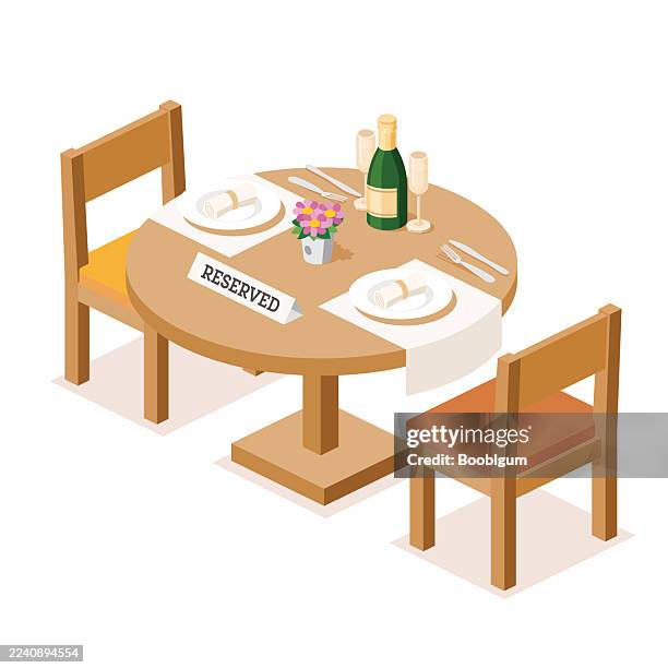 romantic dinner setup for two. reserved table with champagne, glasses, flowers, and cutlery on a wooden table. plates with rolled napkins. perfect atmosphere for a special evening. - messy table stock illustrations