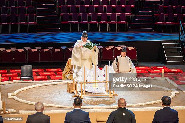 The Shinto priest holds a branch during the ceremony at the Royal Albert Hall. The Grand Sumo Tournament returned to London's Royal Albert Hall on...