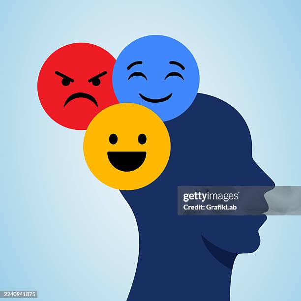 positive psychology concepts, psychological tests, control emotions, and mood representation in human profile illustration - mental illness infographic stock illustrations
