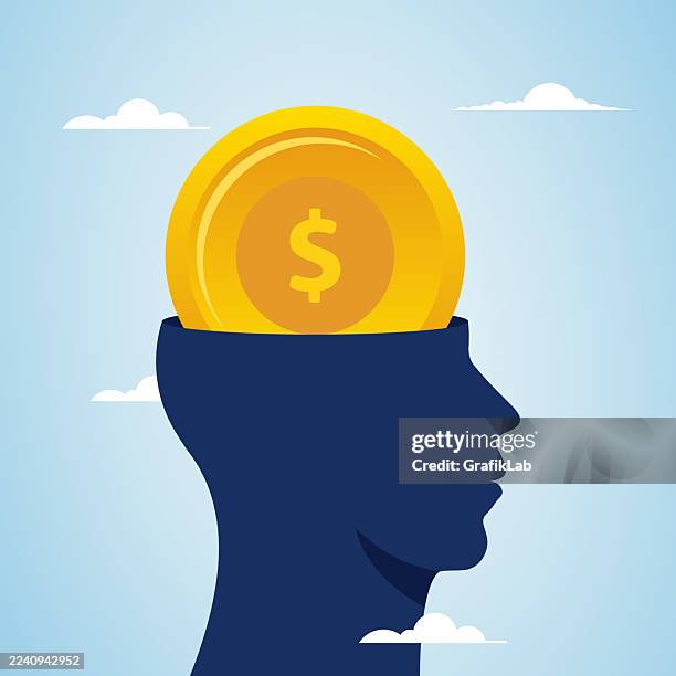 silhouette of head with coin representing financial concepts - philosophy stock illustrations