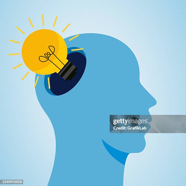 silhouette of head with light bulb symbolizing creativity and ideas - mind map stock illustrations