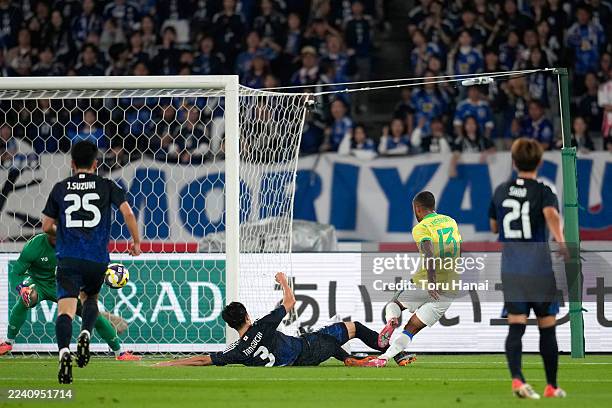 Paulo Henrique of Brazil scores the team's first goal during the international friendly match between Japan and Brazil at Tokyo Stadium on October...