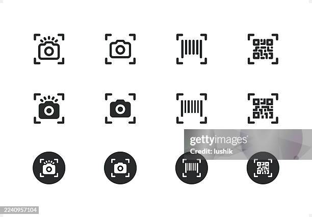 bildbanksillustrationer, clip art samt tecknat material och ikoner med camera scan icon set. editable stroke weight. pixel perfect. line- and solid-style icons. - barcode scanner